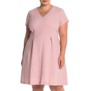 New Eliza‎ J V-Neck Fit & Flare Midi Dress Blush Pink Womens Sz 16W Short Sleeve